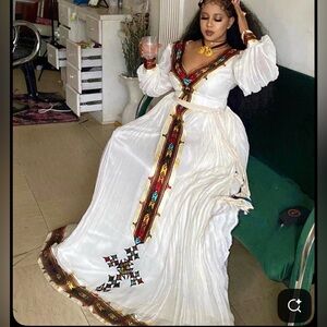 Ethiopian/ Eritrean handmade Embroidered White Dress with Multicolor Accents